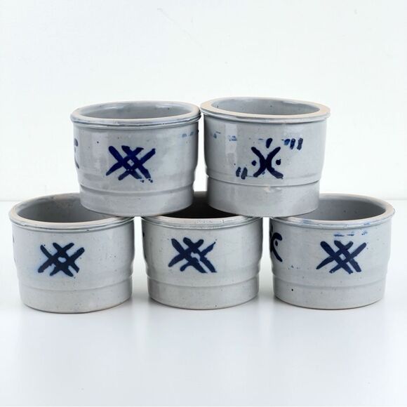 Salt Glaze Pottery Dish Boho Blue Glaze Handmade Vintage Ceramic Bowl Set Of 5 - Picture 1 of 7